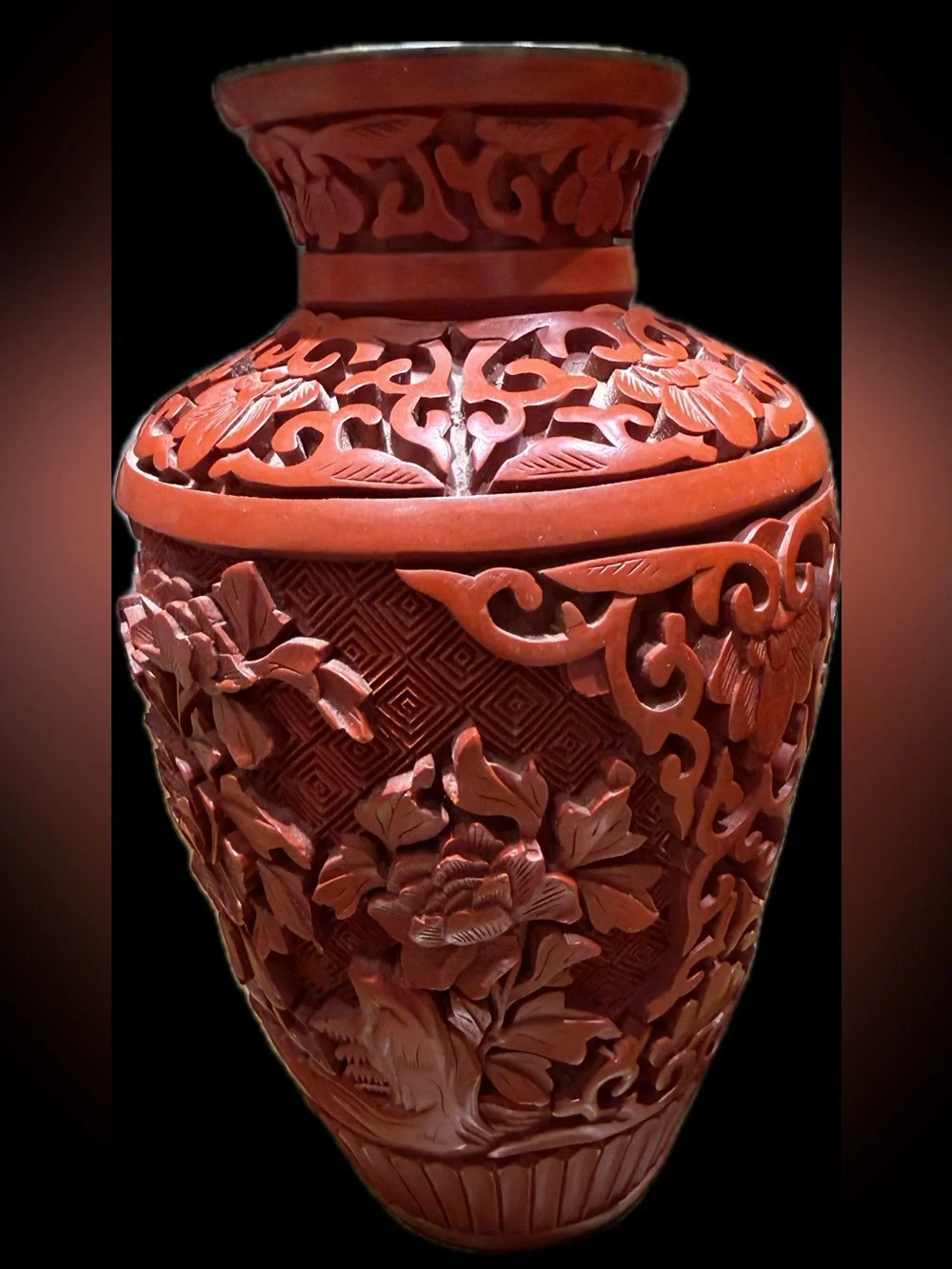 Pair of Authentic Republic Of China Vintage Chinese Cinnabar Lacquer Vases.